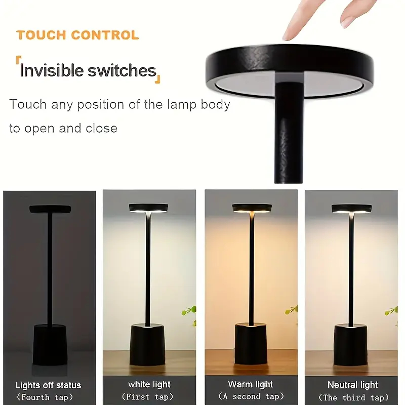 Luminária de Mesa Abajur Cabeceira Escrivaninha LED 3 em 1 Recarregável Tipo C Preto Cromado Dourado
