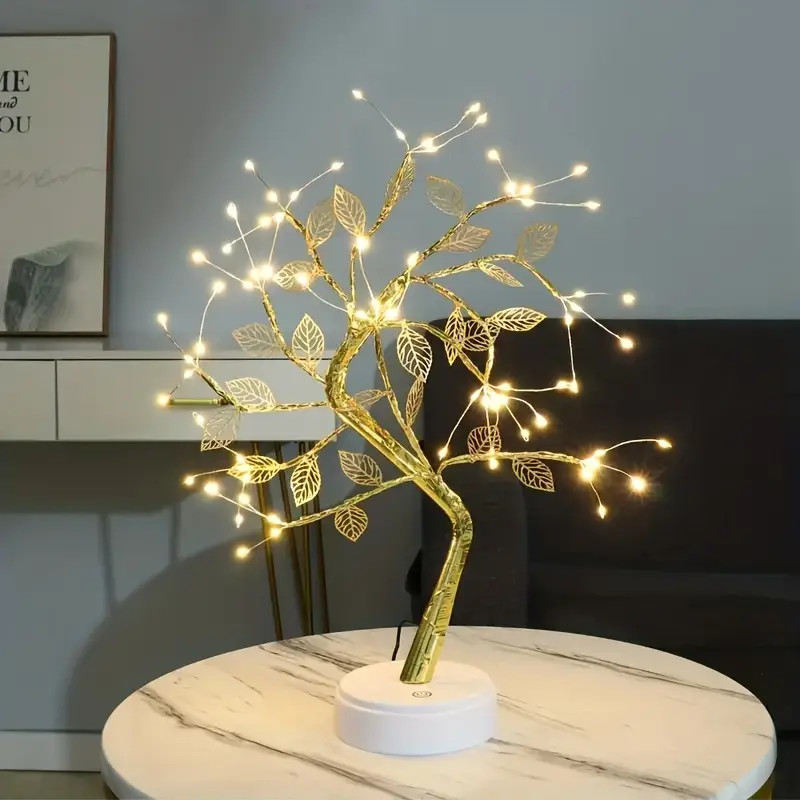 Luminaria Arvore LED Folhas Dourada para Casa Decoração do Quarto Iluminação de Mesa de Cabeceira