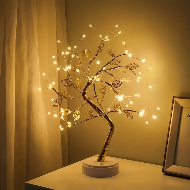 Luminaria Arvore LED Folhas Dourada para Casa Decoração do Quarto Iluminação de Mesa de Cabeceira